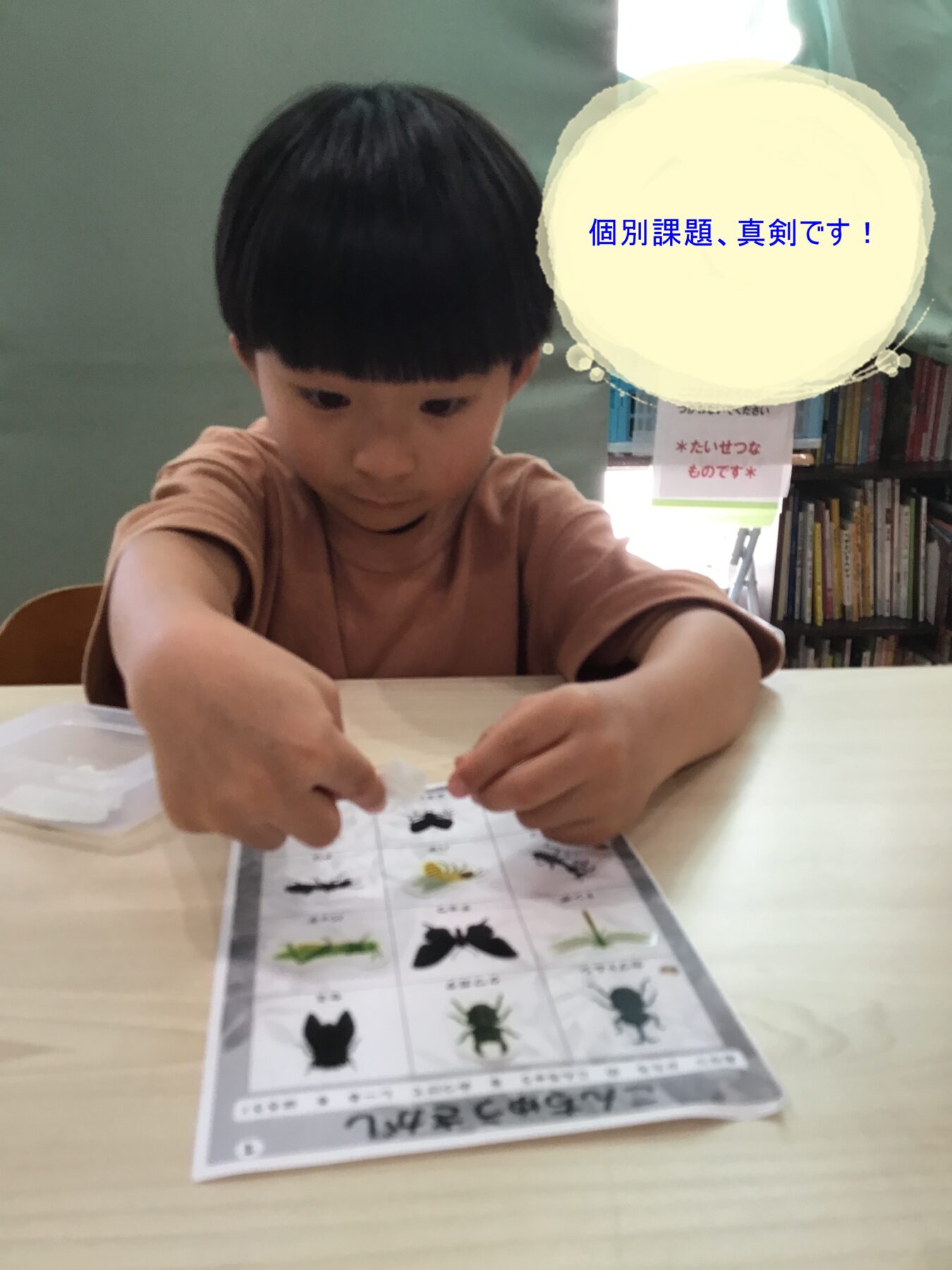 Child sits at a table, intensely focusing on a worksheet with pictures, using hands to place pieces.