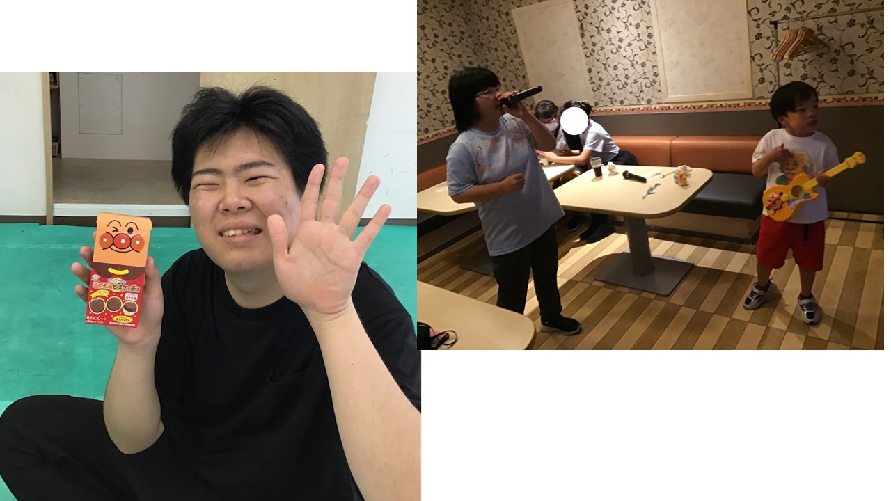 Collage: left shows a smiling man waving and holding an orange snack box; right shows a child with a guitar and another person singing into a microphone at a table in a restaurant.