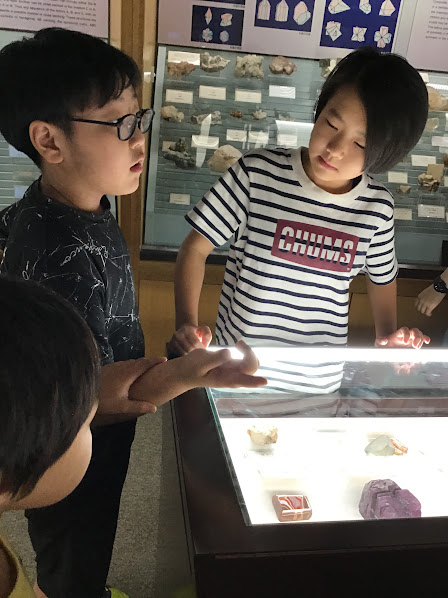 Three children lean over a glass display case, looking at rocks and minerals illuminated from below in a museum exhibit.