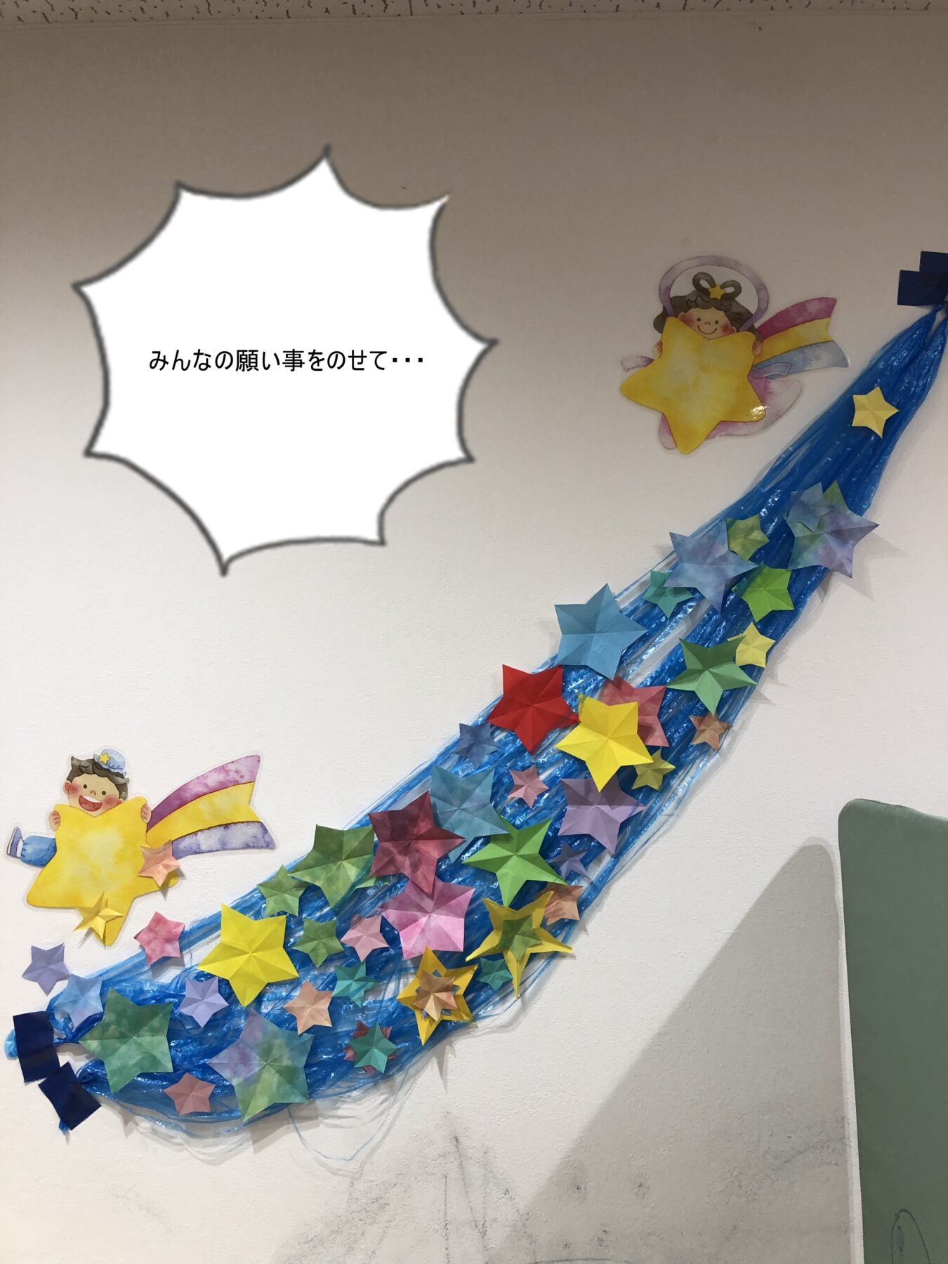 壁の装飾アート。青い布の流れに色とりどりの星が並び、星を抱える子どものキャラクターが描かれている。『みんなの願い事をのせて…』と文言がある。