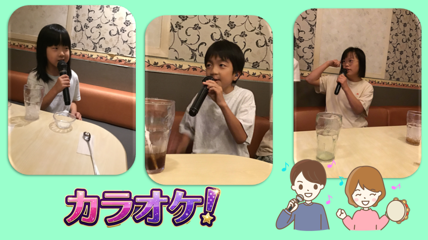 Three children take turns singing karaoke at a cafe, each holding a microphone with drinks on the table in front of them.