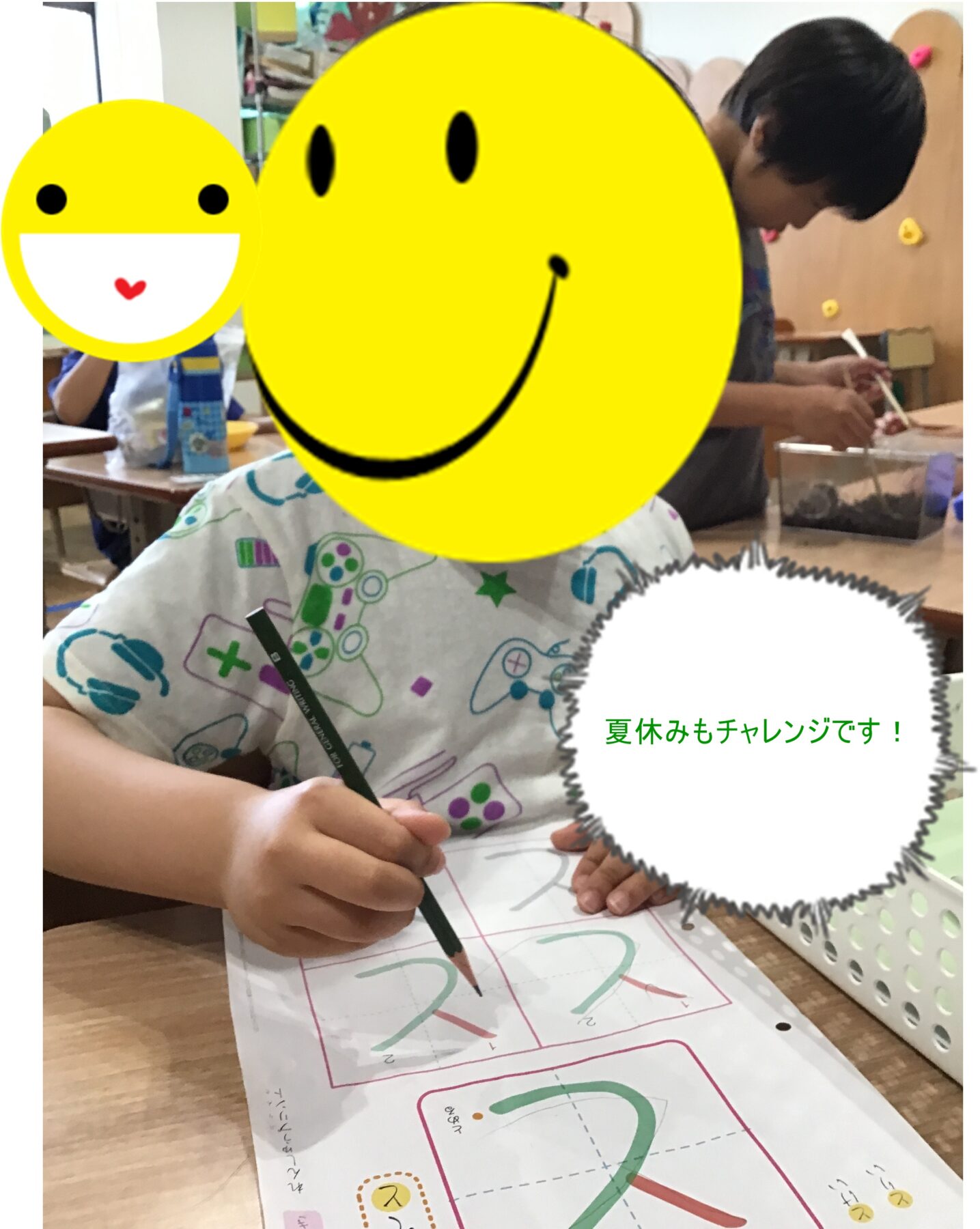 Child seated at a classroom desk, drawing with a pencil on a colorful worksheet with other students in the background.