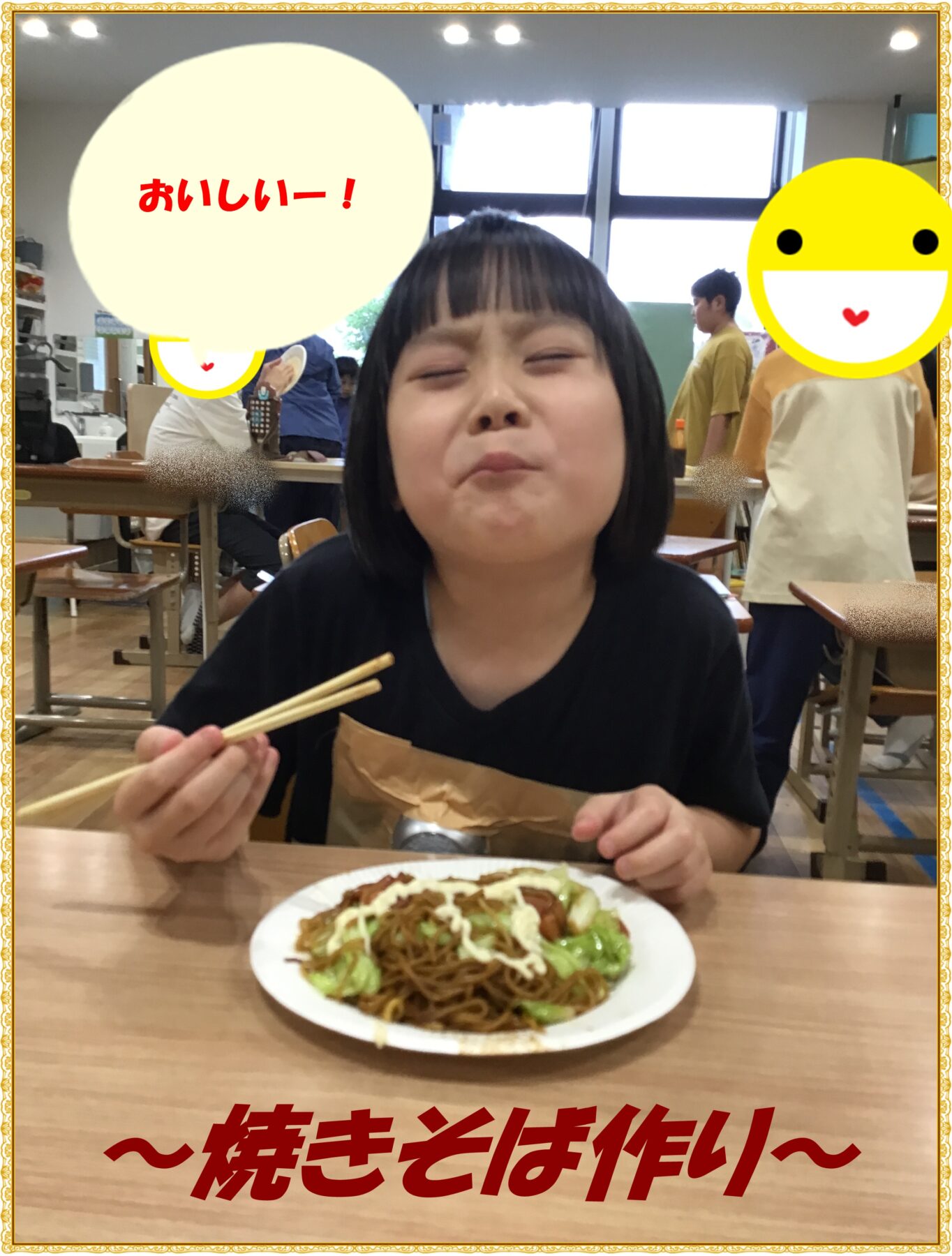 Young girl smiling and eating yakisoba with chopsticks at a restaurant, plate of noodles in front.