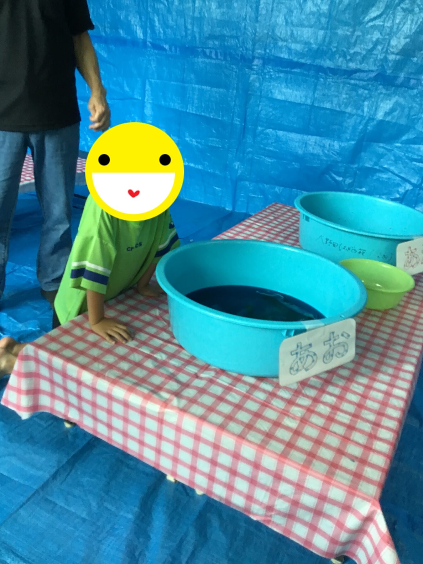 Child kneels beside a red-and-white checkered tablecloth with blue tubs of water, a blue tarp backdrop, and a sign with Japanese characters nearby.