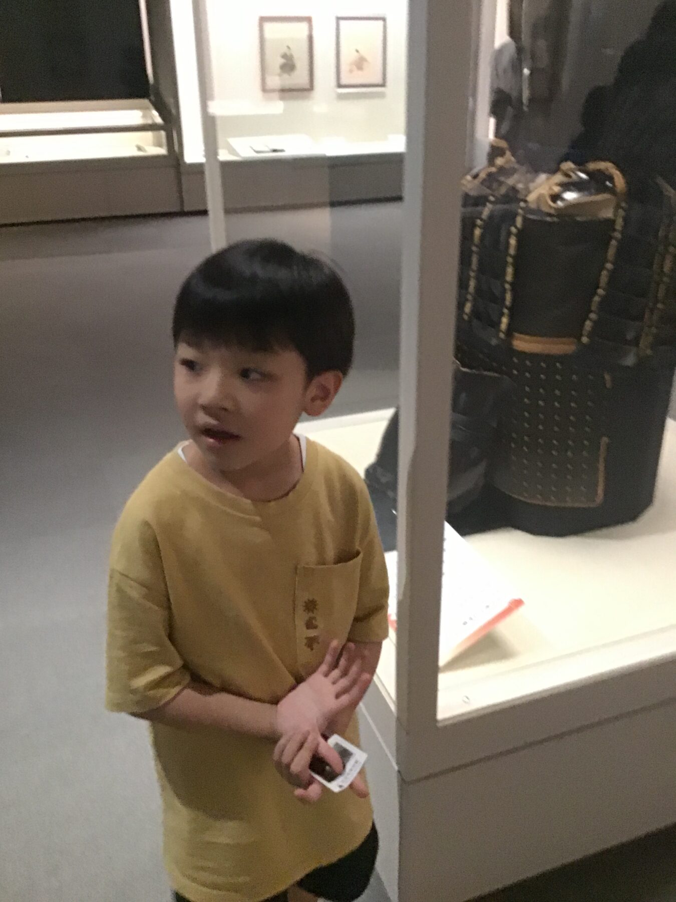 Child in a yellow shirt stands beside a glass display case in a museum, looking to the left.