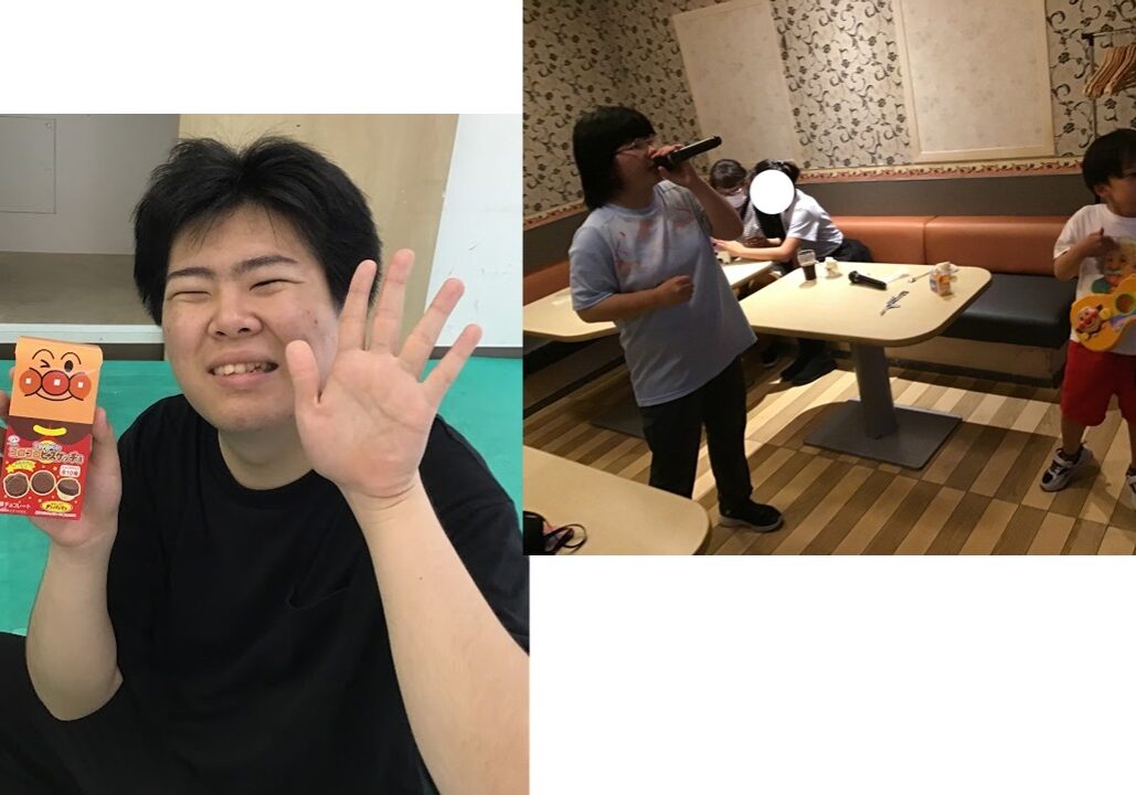 Collage: left shows a smiling man waving and holding an orange snack box; right shows a child with a guitar and another person singing into a microphone at a table in a restaurant.