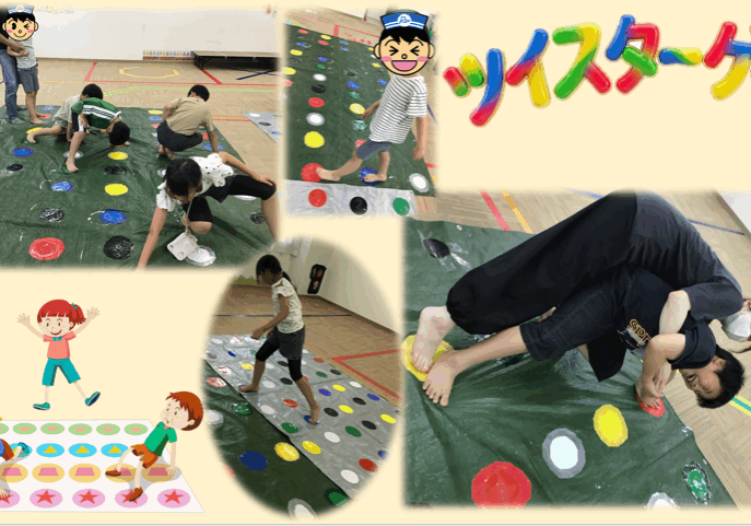 Children play a modified Twister game on a green mat with colorful dots in a gym setting, smiles and focus visible as they reach for spots.