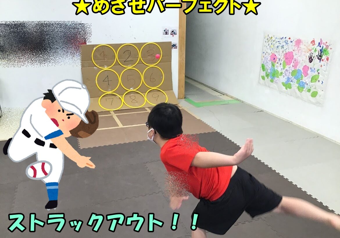 Boy in a red shirt dives to throw a ball at a wall-mounted 3x3 grid of yellow-ring targets labeled 1–9, with a cartoon coach figure nearby and Japanese captions reading 'Aim for perfection' and 'Strikeout.'